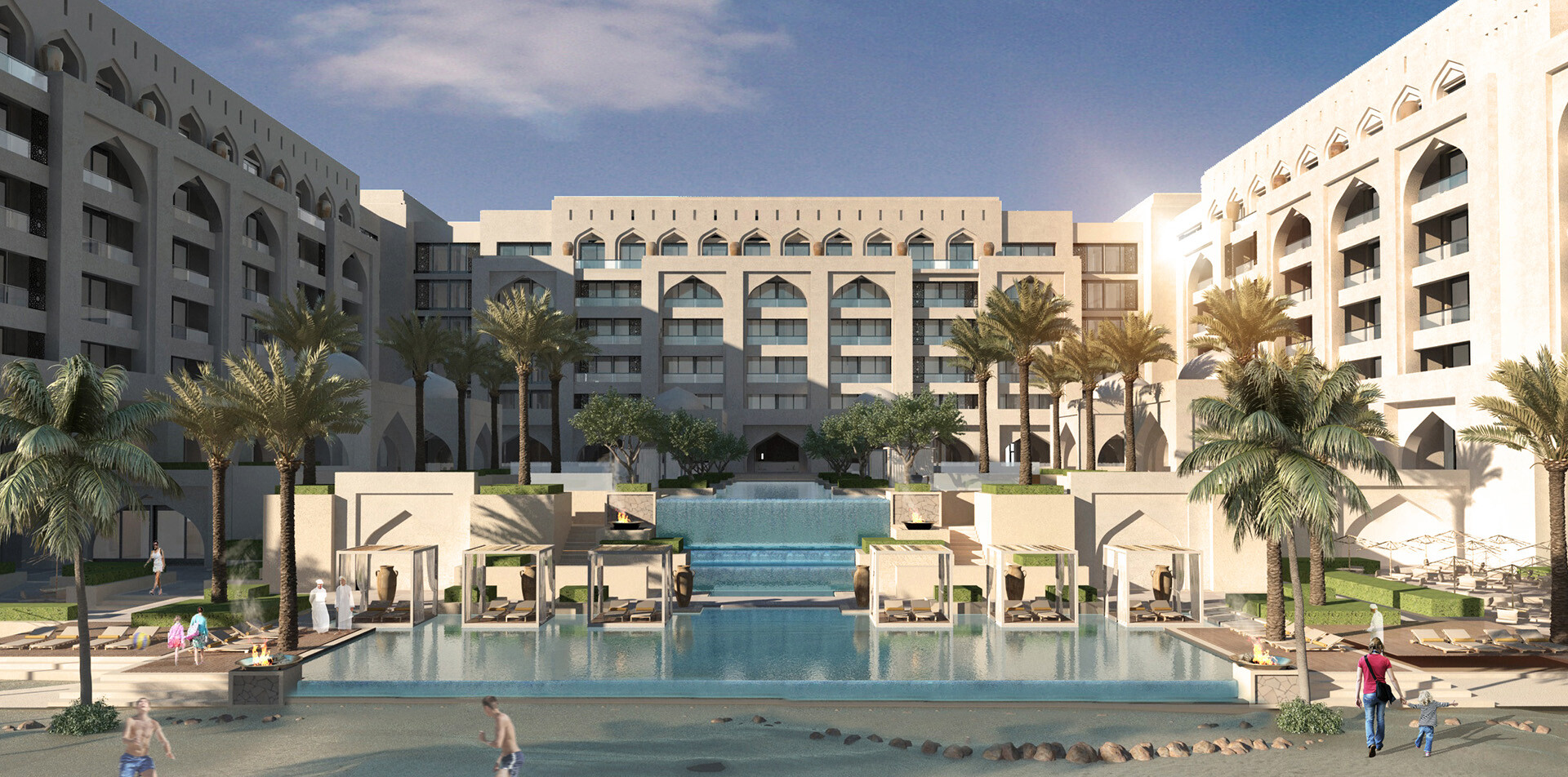 Dhofar Beach Resort’s arched elevations around a landscaped pool courtyard.