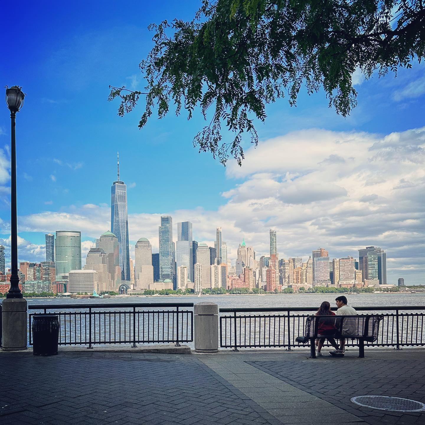 A bench and waterfront railing frame the Manhattan skyline beneath leafy branches.