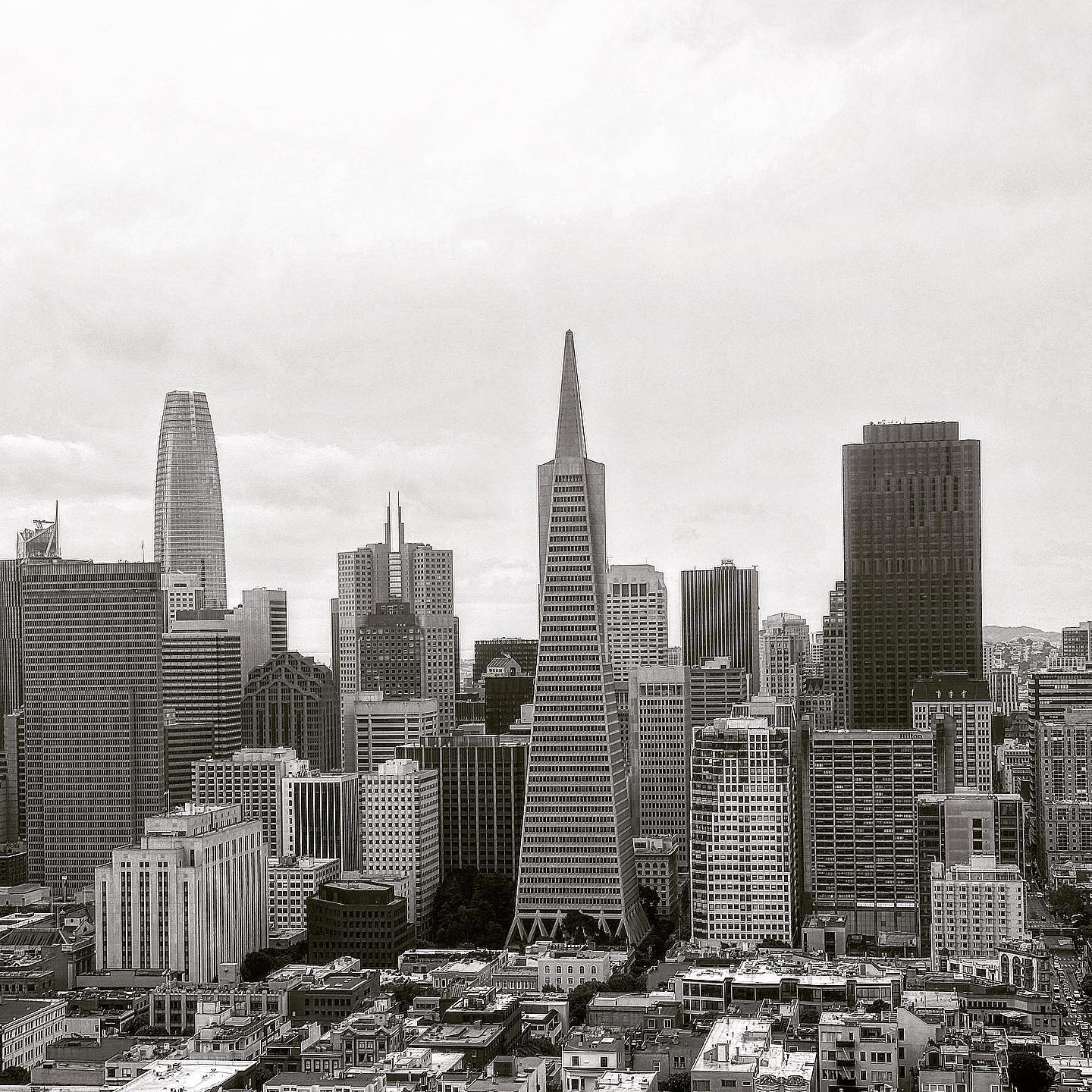 A black-and-white skyline with the Transamerica Pyramid among layered towers.
