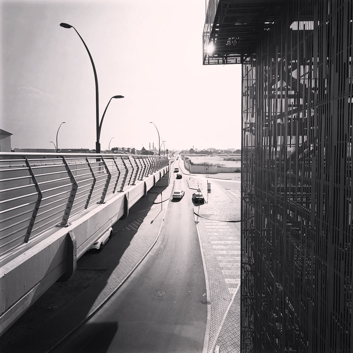 A black-and-white view along a road beside bridge railings, curved streetlights and a dark façade.