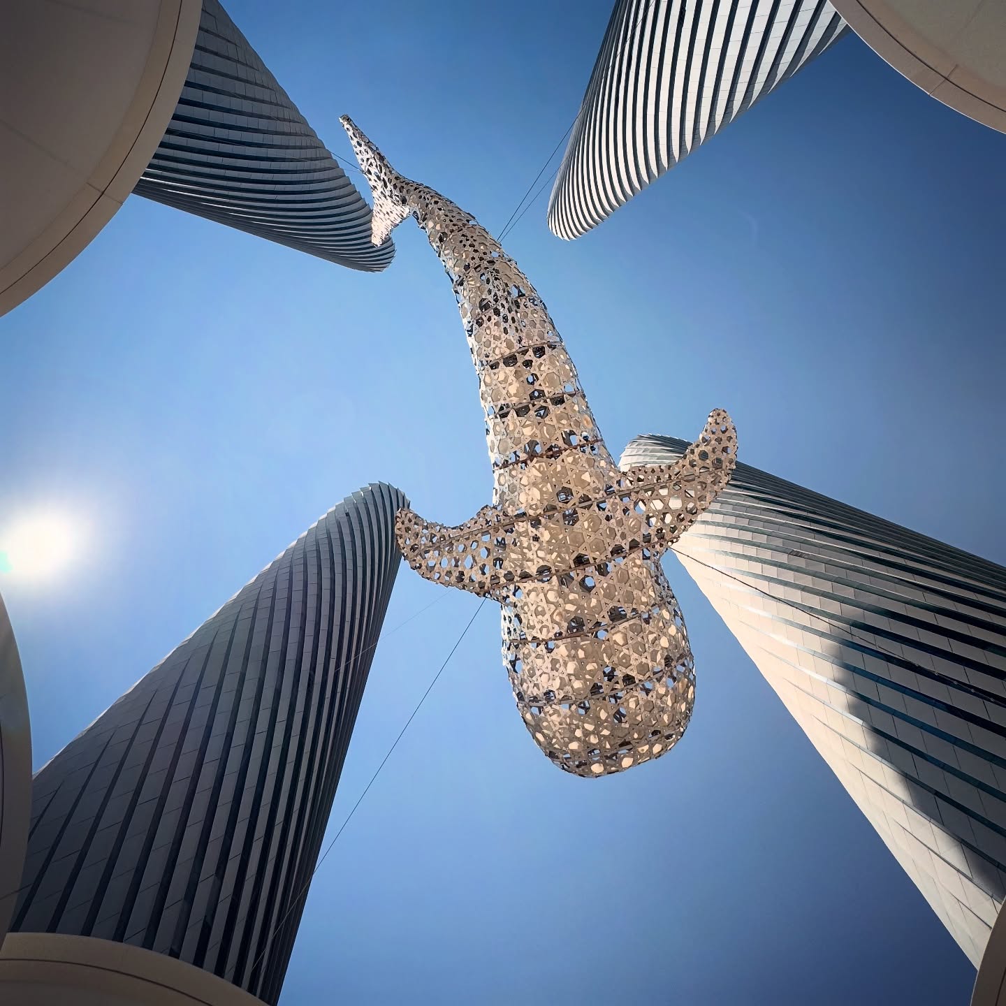 A suspended shark sculpture framed by curved tower façades and blue sky.