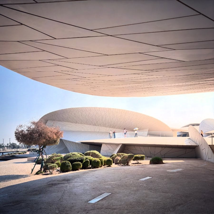 Overlapping curved roof forms framing the National Museum of Qatar’s landscape.