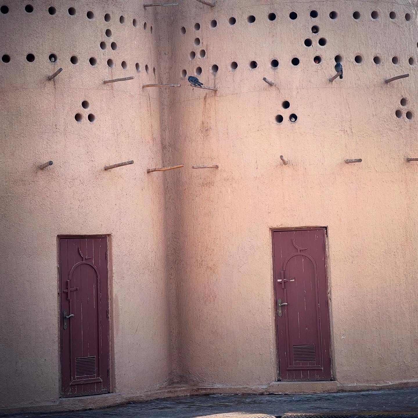 Close view of doors, small openings and timber perches in the pigeon towers.