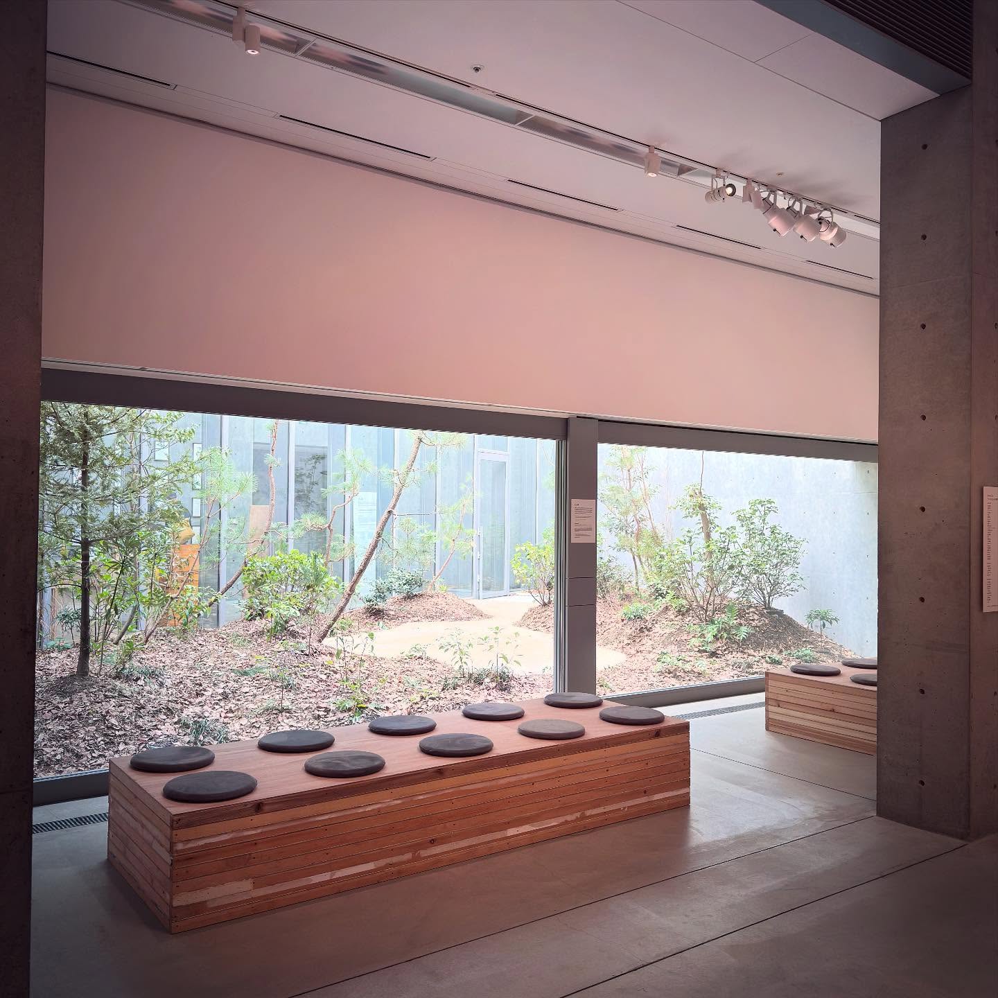 A cushioned seating alcove beside a wide window overlooking planting.