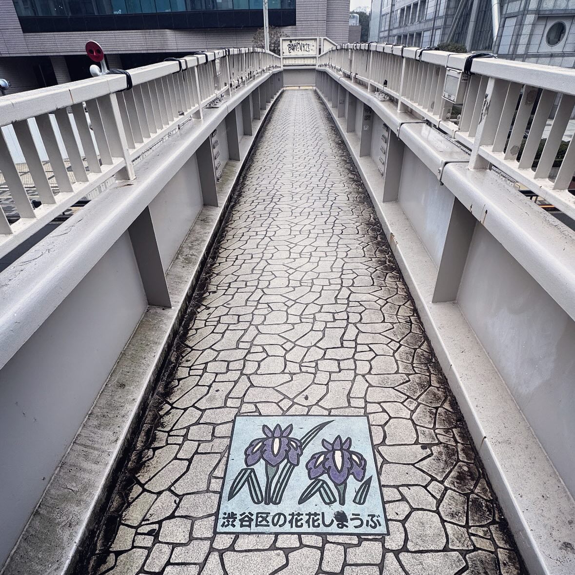A narrow pedestrian bridge with patterned paving and pale balustrades.