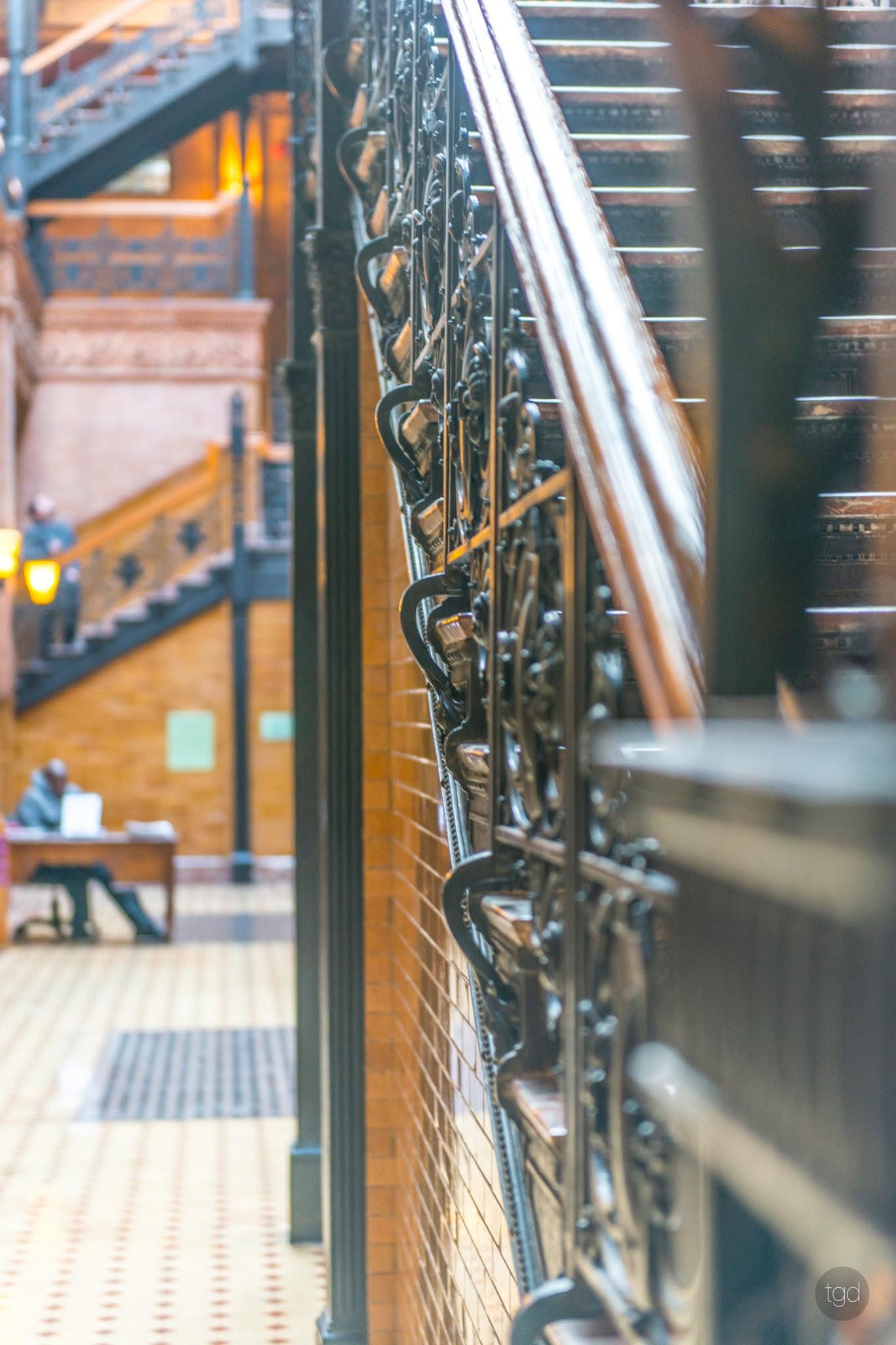Ornamental iron balustrades, handrails and brickwork in the Bradbury Building interior.