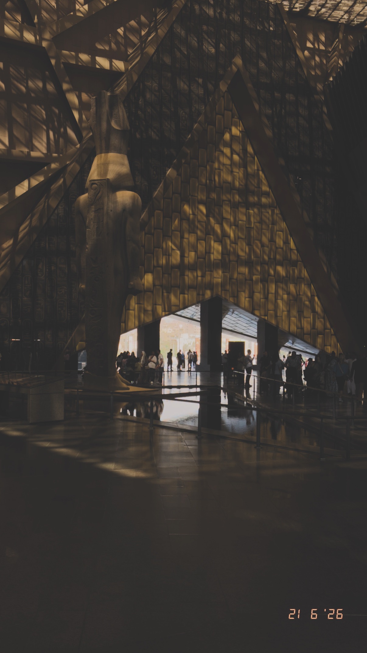 Light through the monumental entrance. Grand Egyptian Museum.
