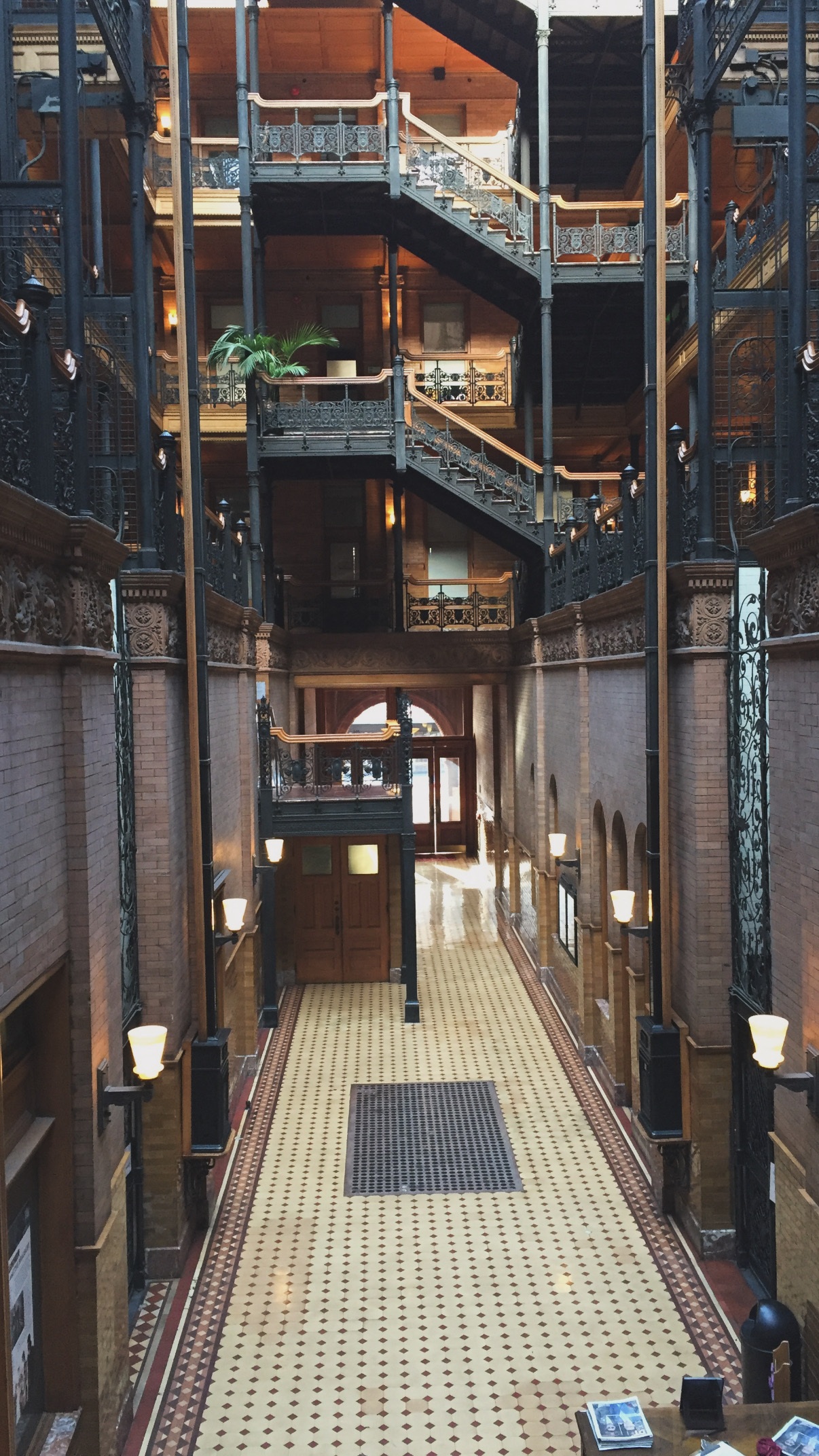 Ironwork and layered walkways. Bradbury Building.