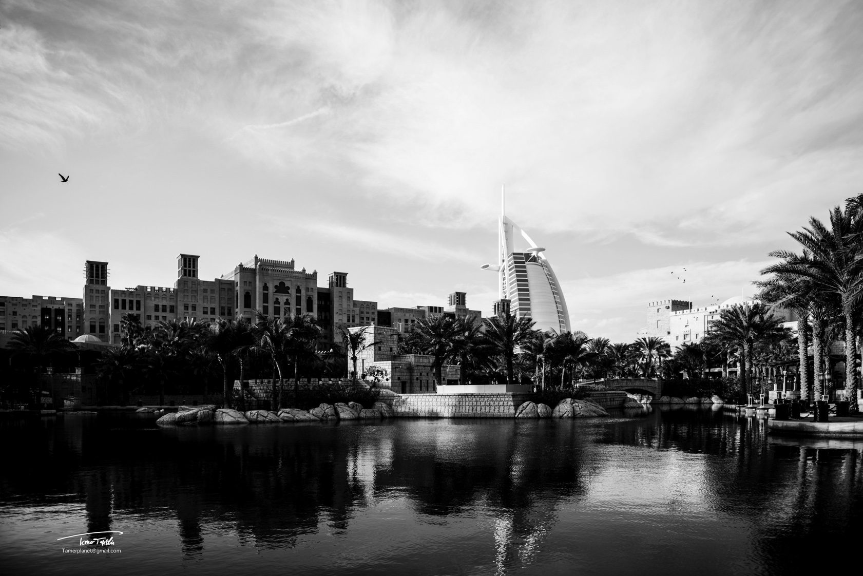 Dubai waterfront architecture, palms and the Burj Al Arab in black and white.