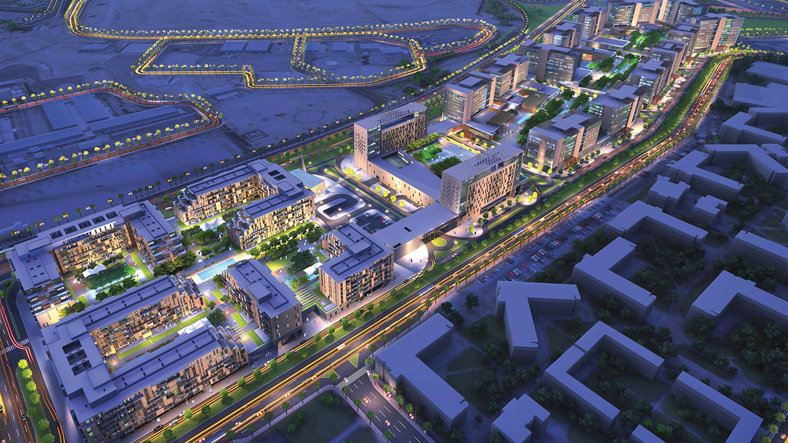 Aerial design visualisation of KFUPM Business Park’s buildings, courtyards and landscaped spine.