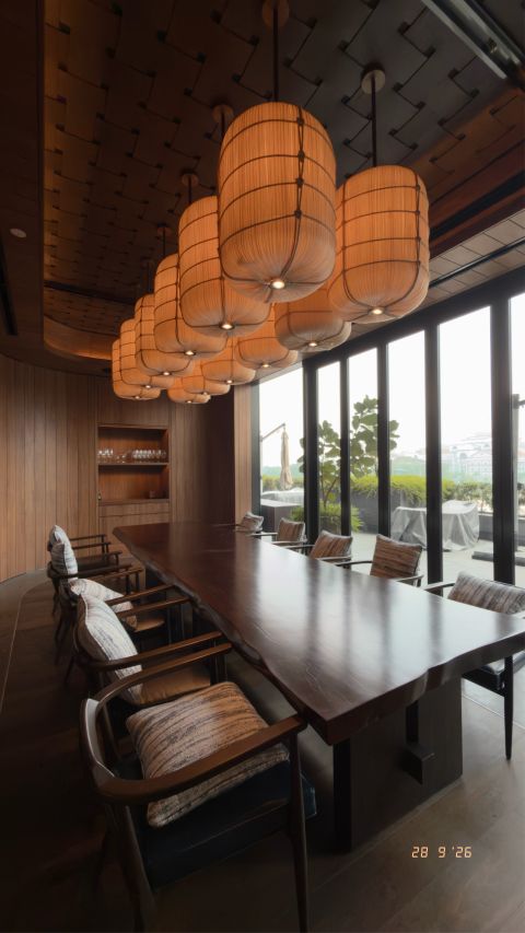 Pendant lights and a view to the garden