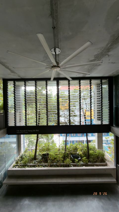 A planted courtyard below the screens